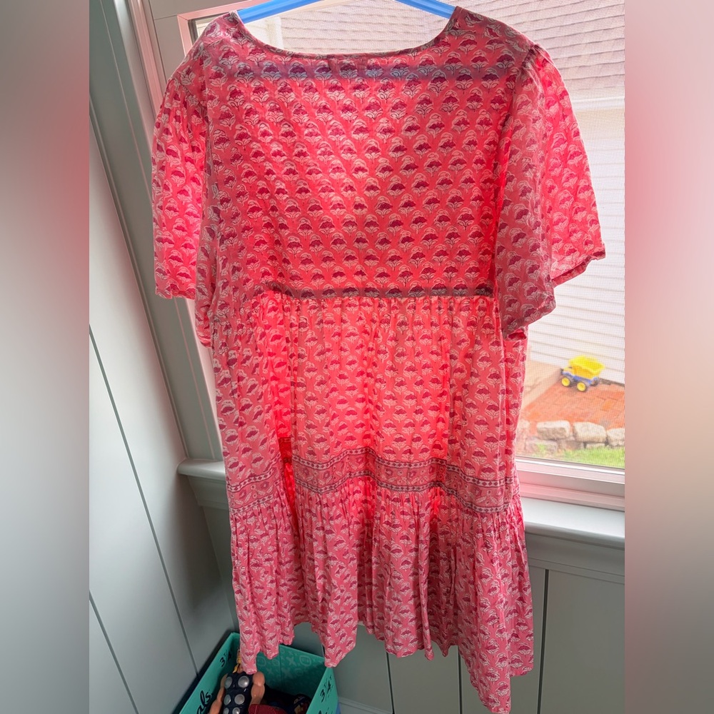 Marea Pink Block Print Tiered Dress Size Large Cotton Short Sleeve - Picture 5 of 6